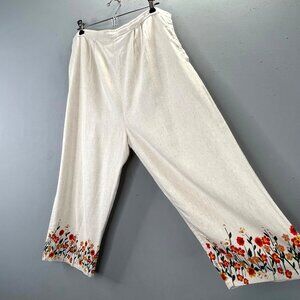 Vintage Take Two Clothing Linen Wide Leg Cropped Pants XL Beige Floral Trim